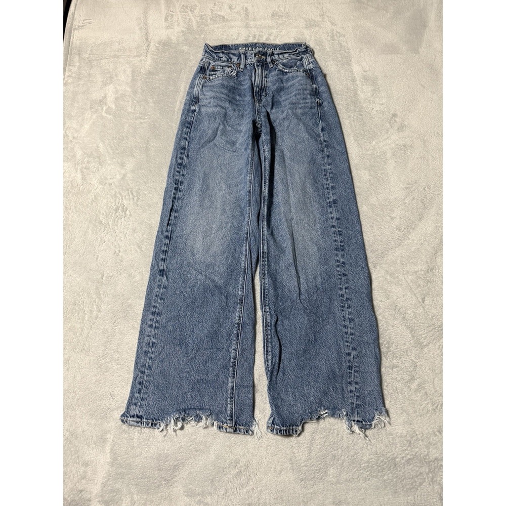 American Eagle Jeans Womens 000 Short Super High Rise Baggy Wide Leg Blue 22x28